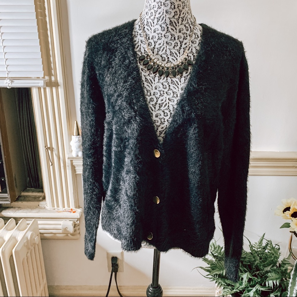 Ava & Viv Black Fuzzy Cozy Cardigan Buttoned Sweater